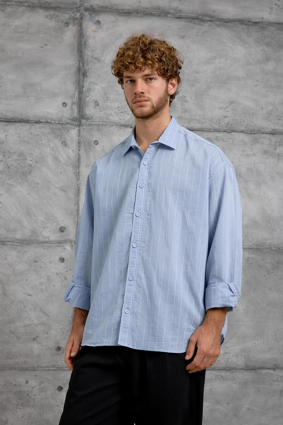 Mavi GST ÇİZGİLİ OVERSIZE GÖMLEK