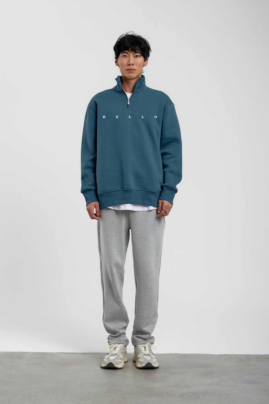 Mavi Hello Yazılı Yarım Fermuarlı Sweatshirt