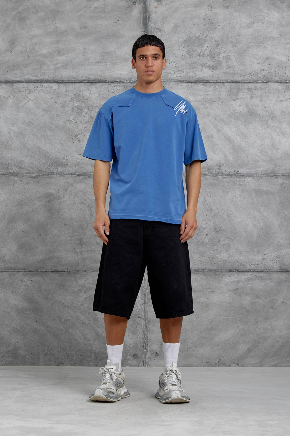Mavi Parçalı Yıkamalı Oversize Tshirt