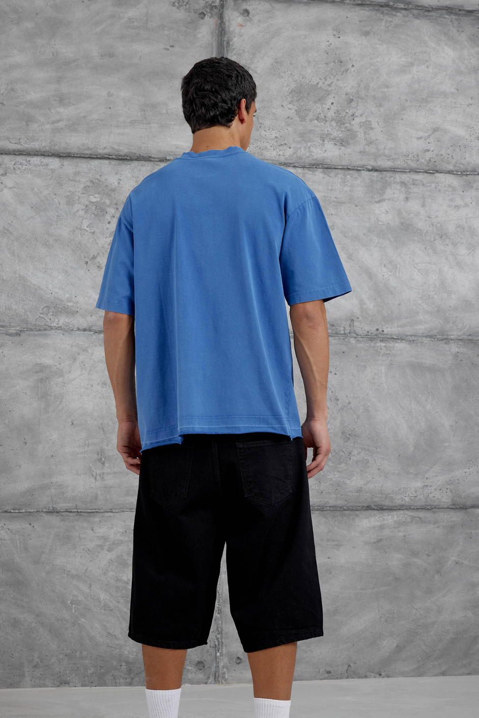 Mavi Parçalı Yıkamalı Oversize Tshirt