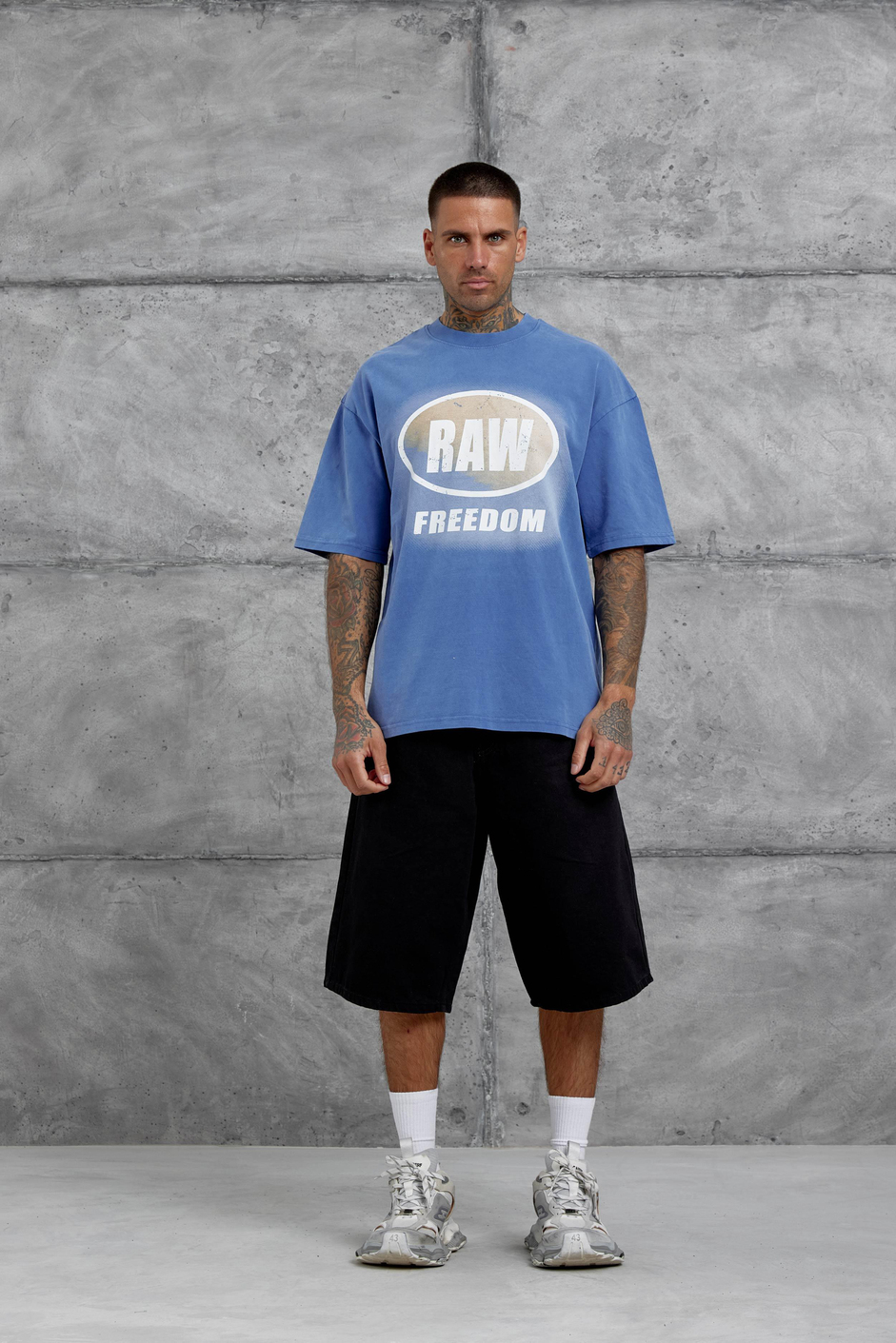 Mavi Raw Yazılı Yıkamalı Oversize Tshirt