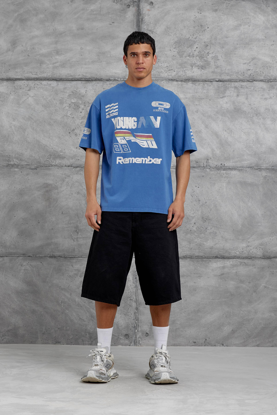 Mavi Remember Yazılı Yakımalı Oversize Tshirt