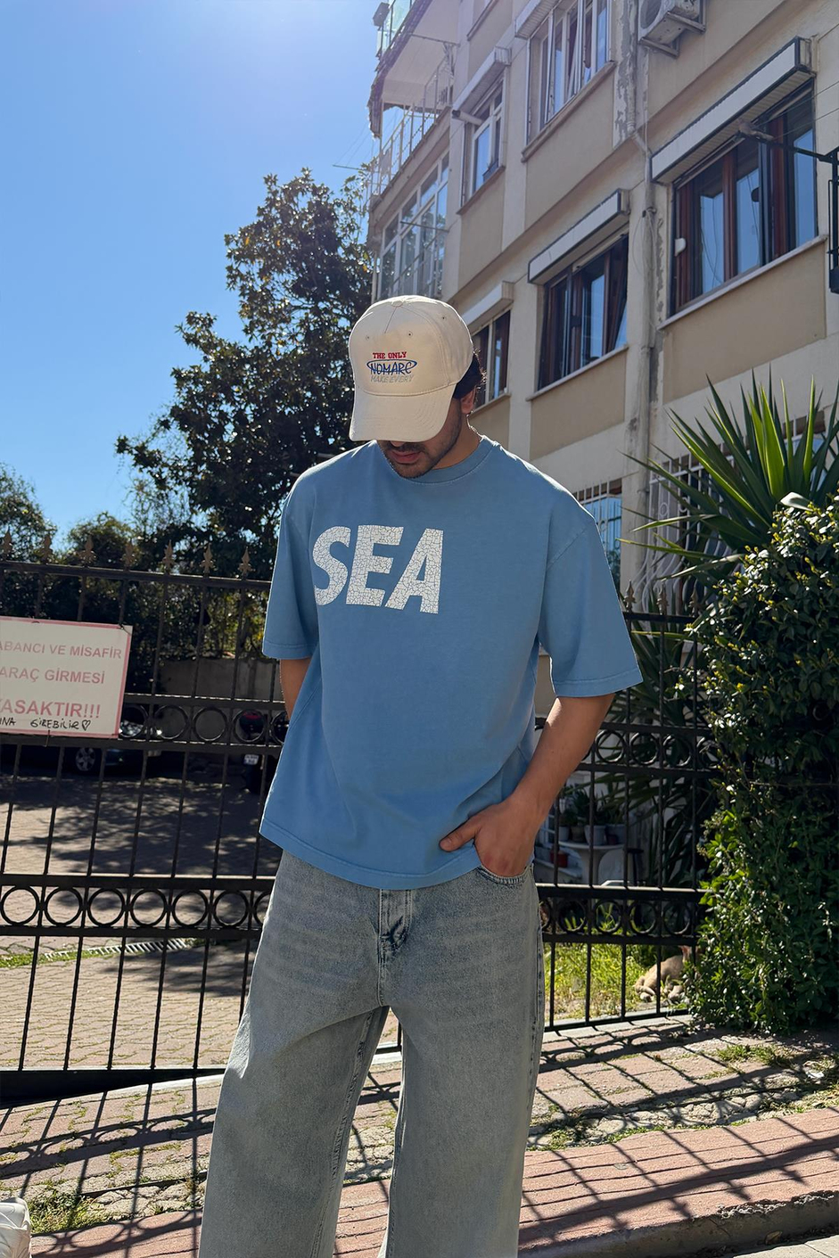Mavi SEA BASKI YIKAMALI OVERSIZE TSHIRT