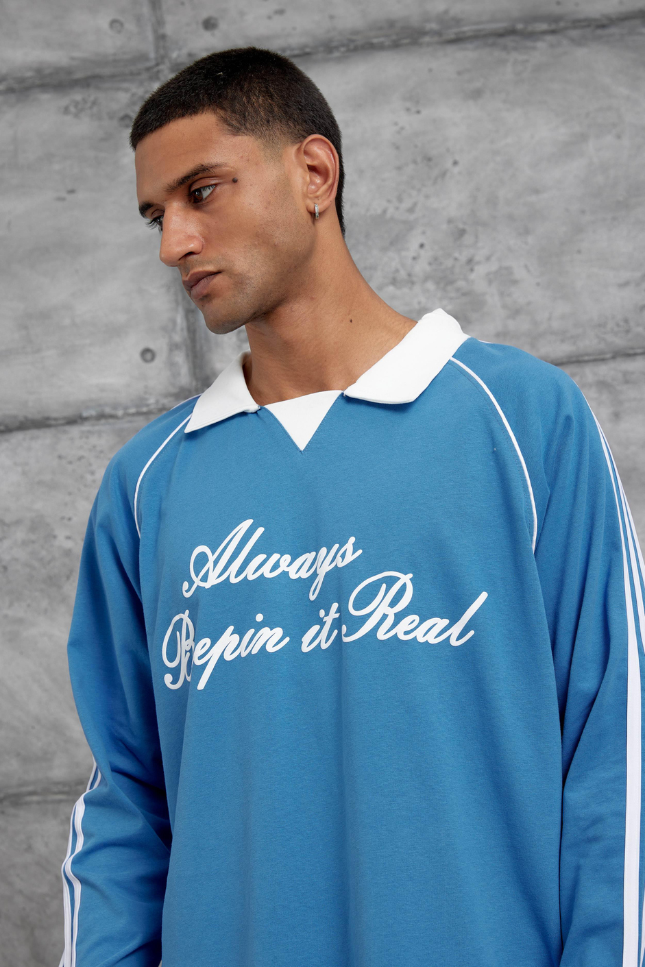 Mavi Yazı Detaylı Polo Yaka Oversize Sweatshirt