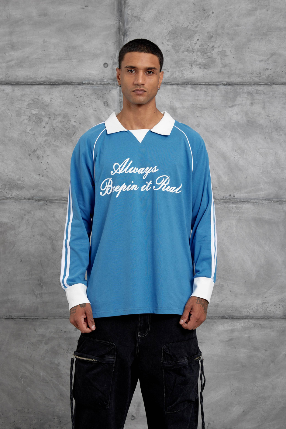 Mavi Yazı Detaylı Polo Yaka Oversize Sweatshirt