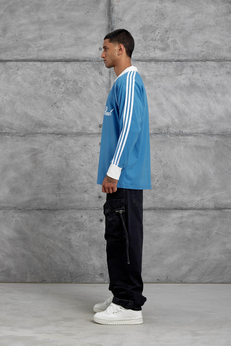 Mavi Yazı Detaylı Polo Yaka Oversize Sweatshirt