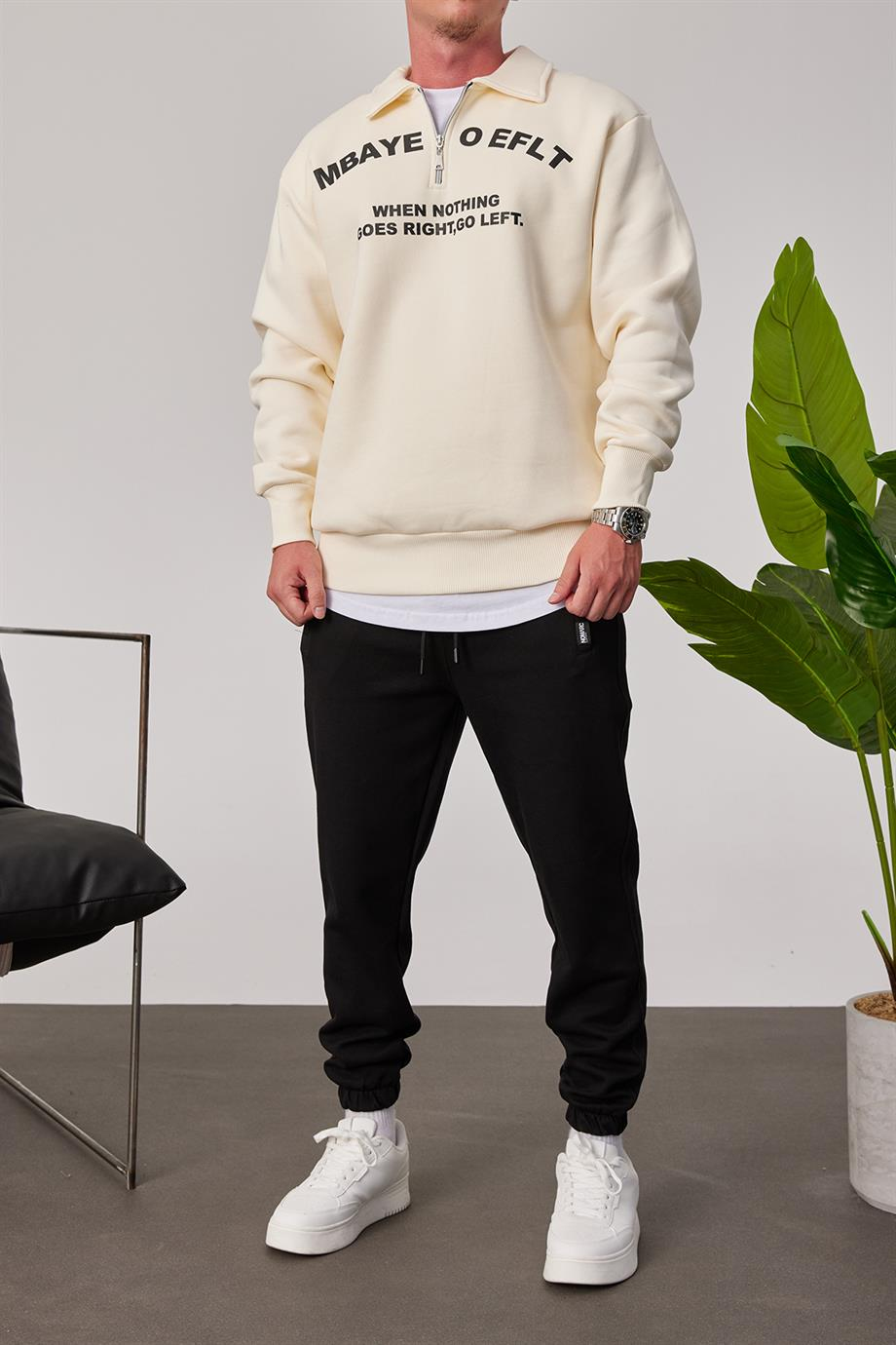 Mbaye Yakası Fermuarlı Krem Sweatshirt
