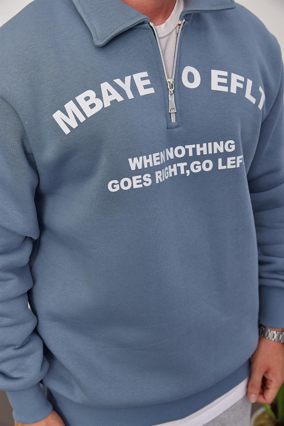 Mbaye Yakası Fermuarlı Mavi Sweatshirt