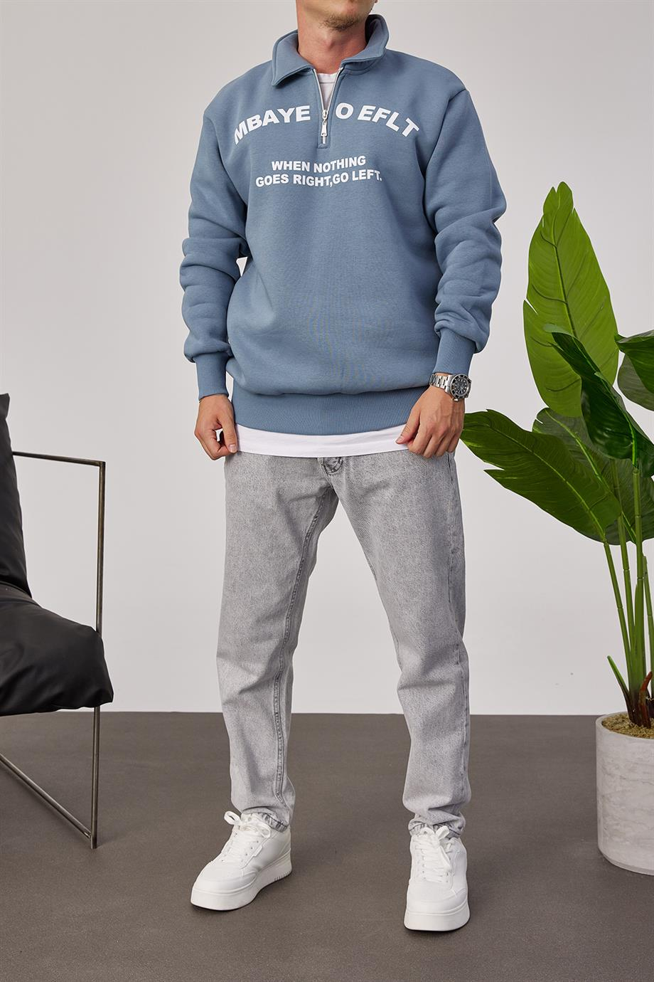 Mbaye Yakası Fermuarlı Mavi Sweatshirt