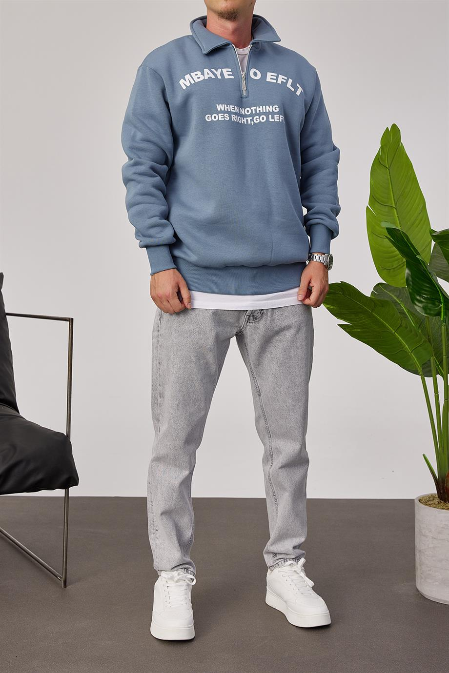 Mbaye Yakası Fermuarlı Mavi Sweatshirt