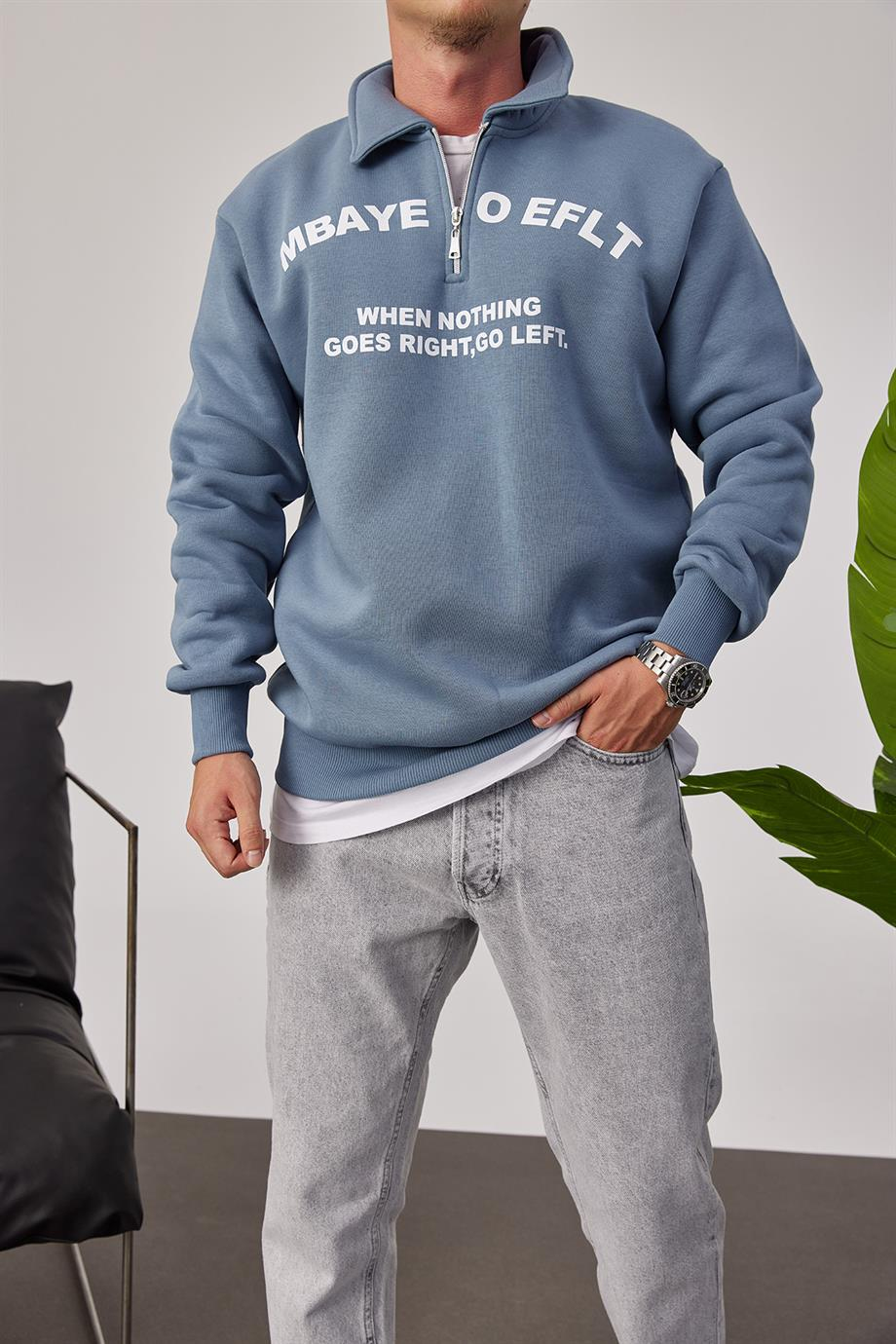 Mbaye Yakası Fermuarlı Mavi Sweatshirt