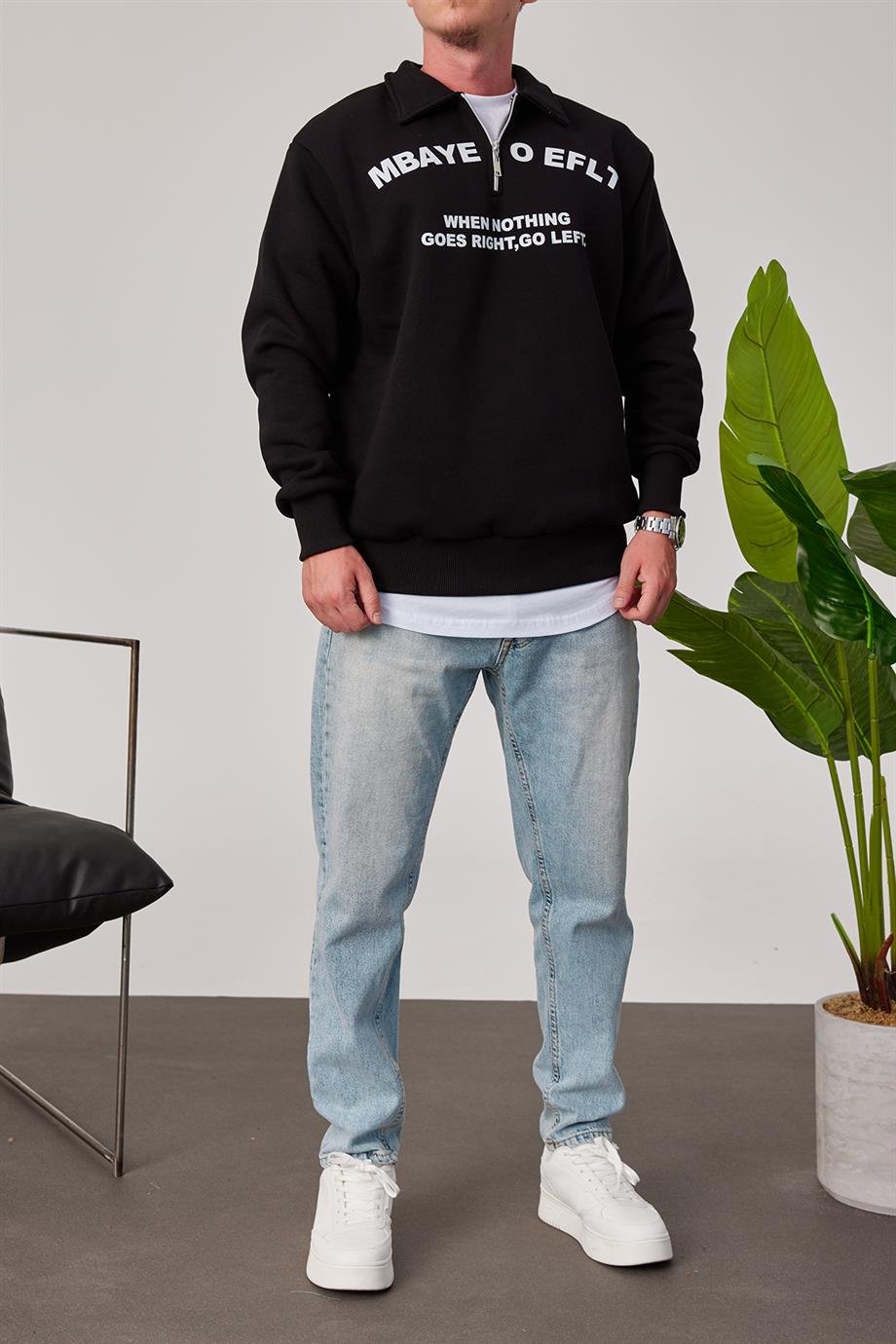 Mbaye Yakası Fermuarlı Siyah Sweatshirt