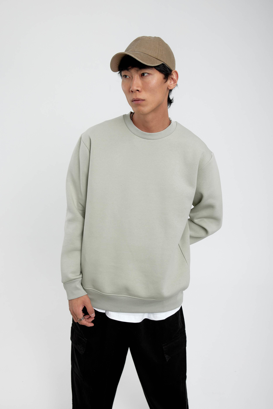 Mint Yeşili Bisiklet Yaka Basic Şardonlu Sweatshirt