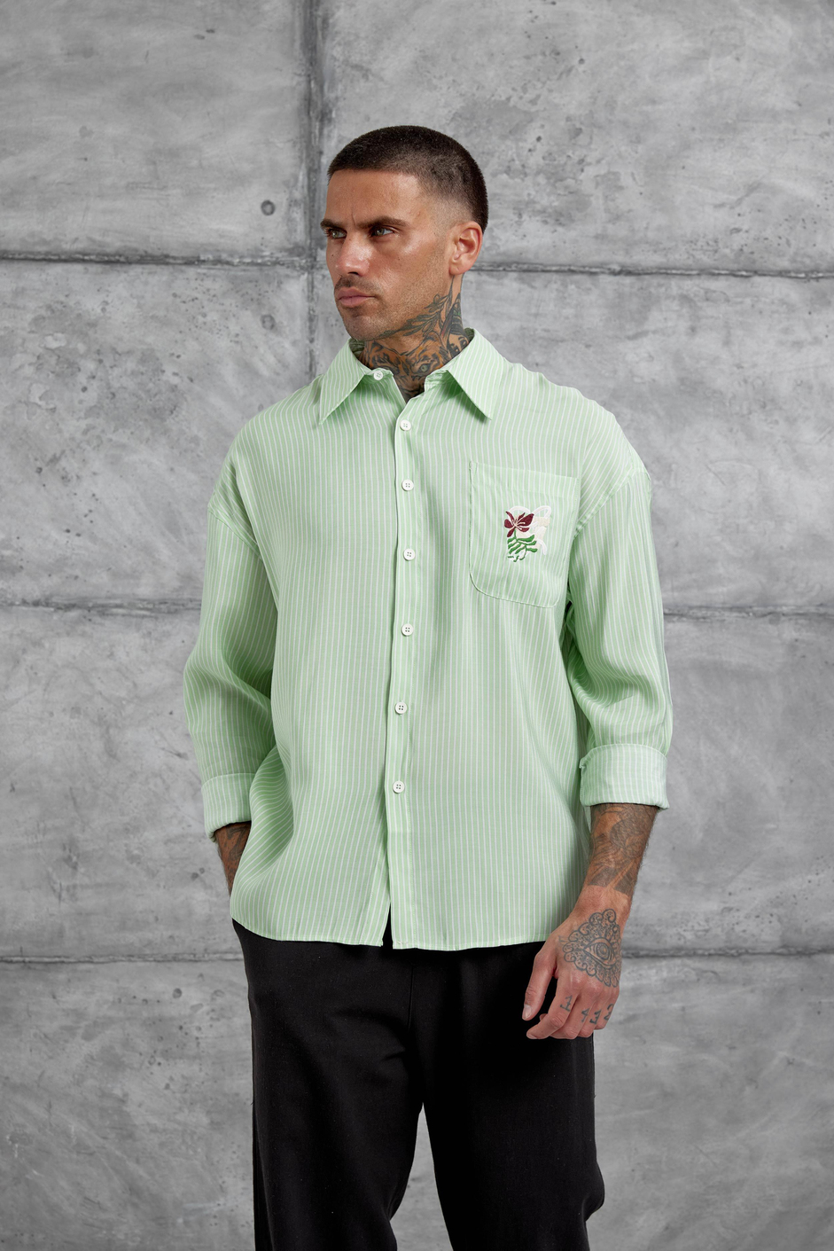 Mint Yeşili Çizgili Modal Kumaş Oversize Gömlek