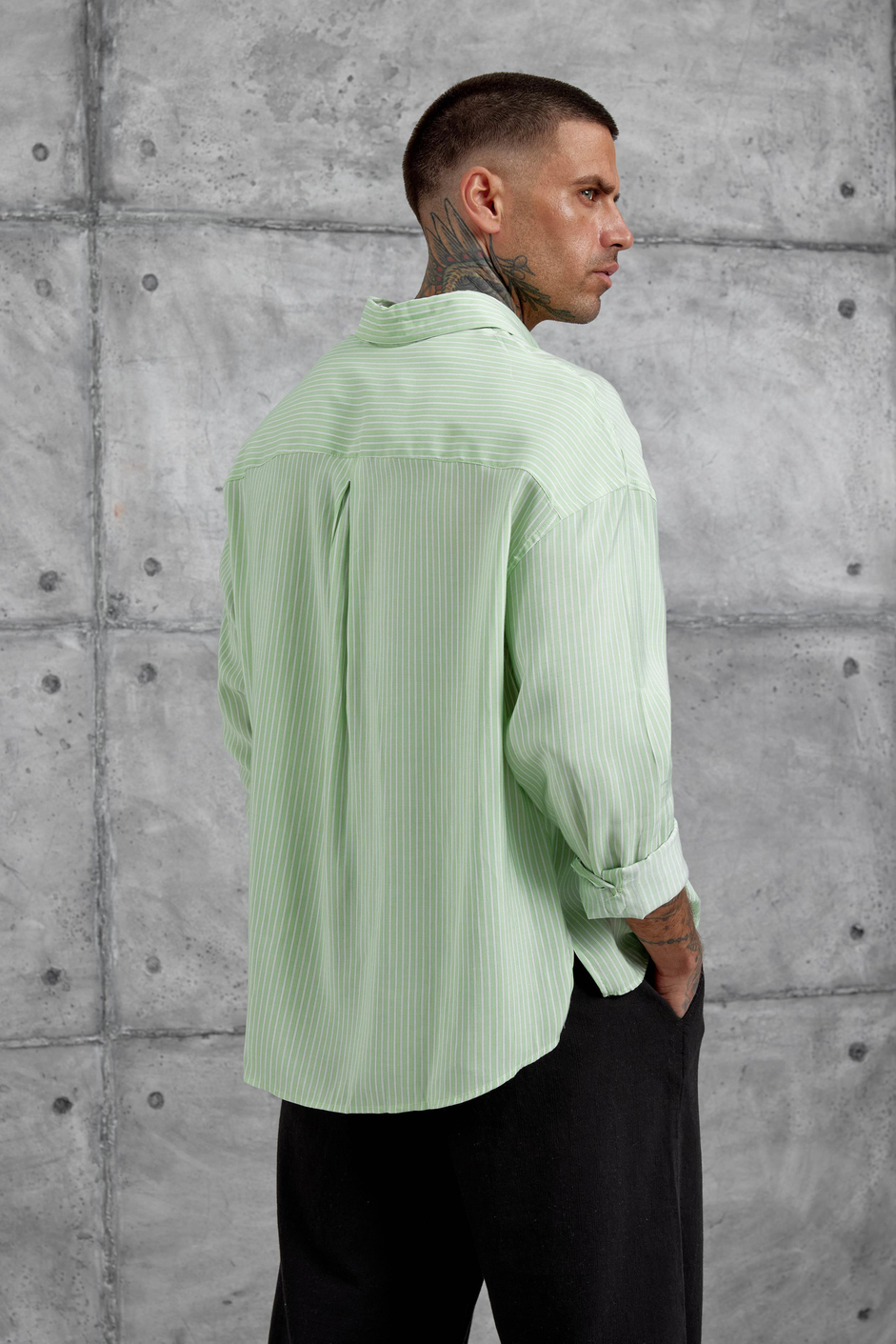 Mint Yeşili Çizgili Modal Kumaş Oversize Gömlek
