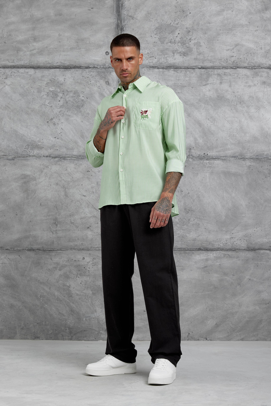 Mint Yeşili Çizgili Modal Kumaş Oversize Gömlek