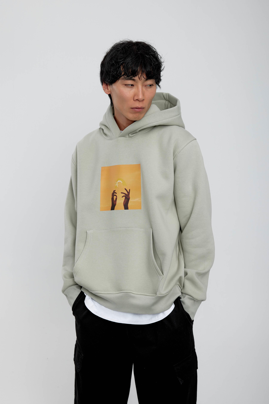 Mint Yeşili El Baskılı Kapüşonlu Sweatshirt