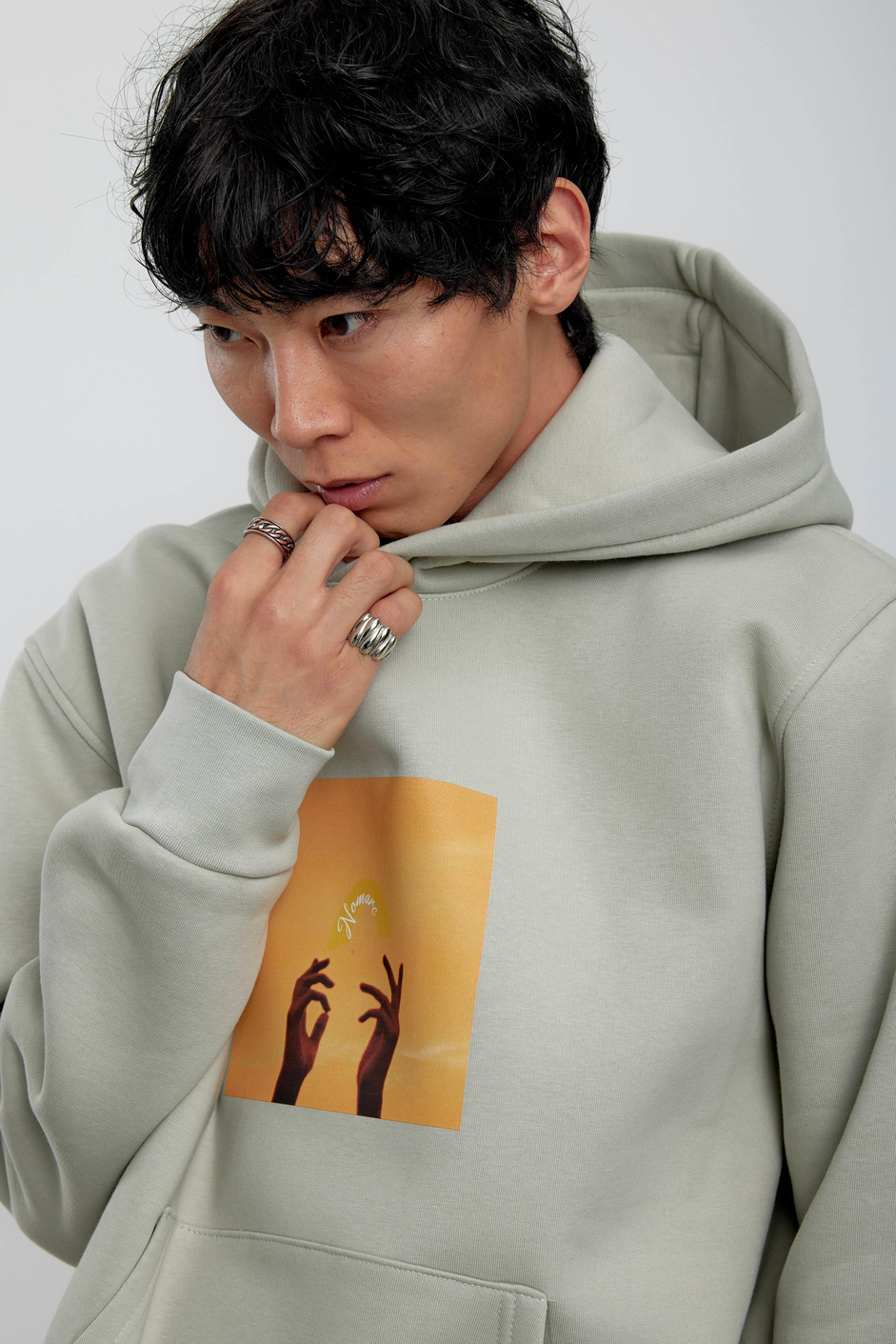 Mint Yeşili El Baskılı Kapüşonlu Sweatshirt