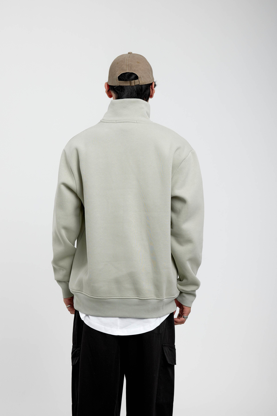 Mint Yeşili Yakası Fermuarlı Basic Şardonlu Sweatshirt
