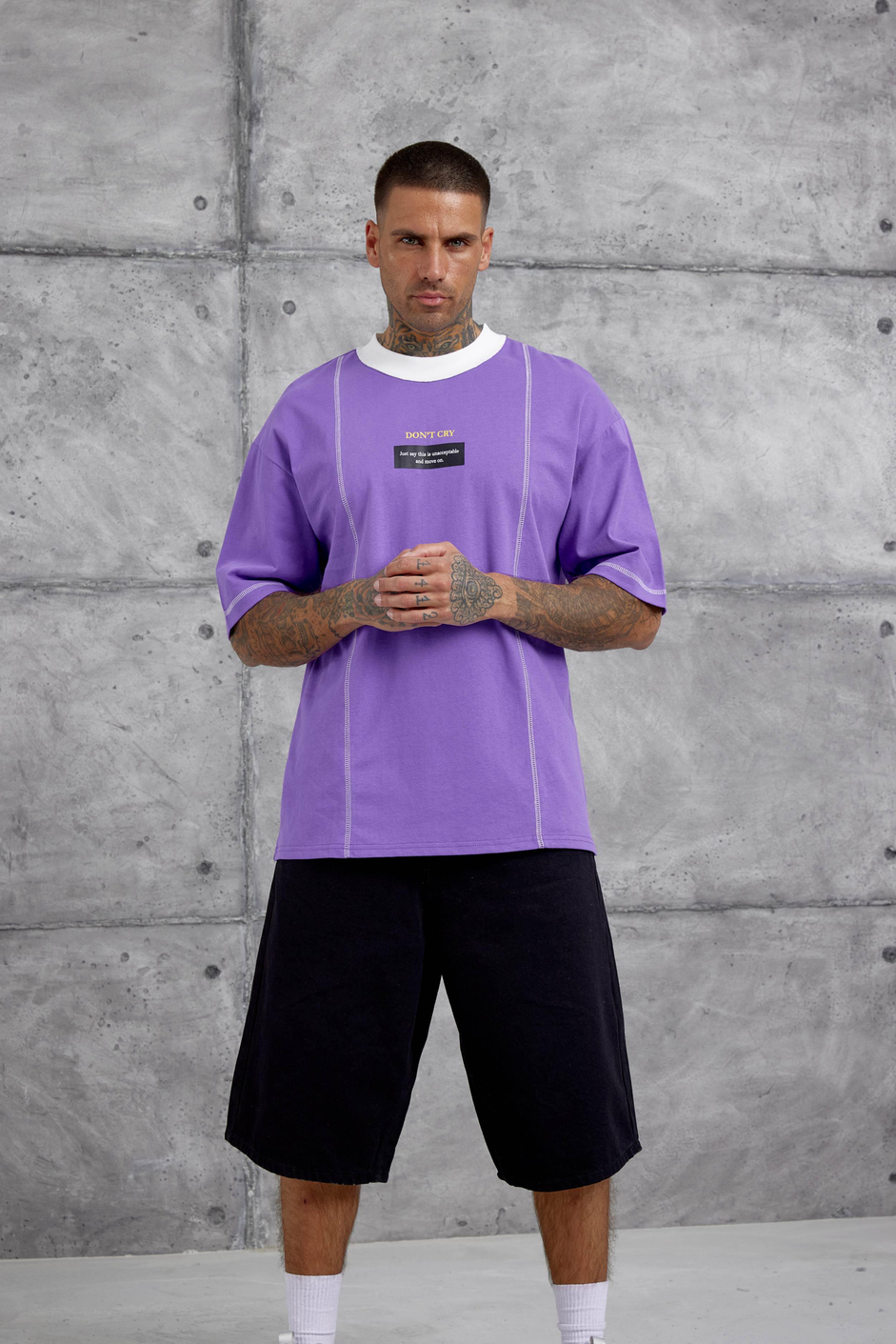 Mor Dont Cry Baskılı Oversize Tshirt