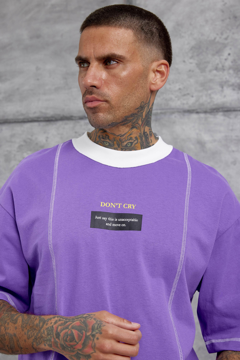Mor Dont Cry Baskılı Oversize Tshirt