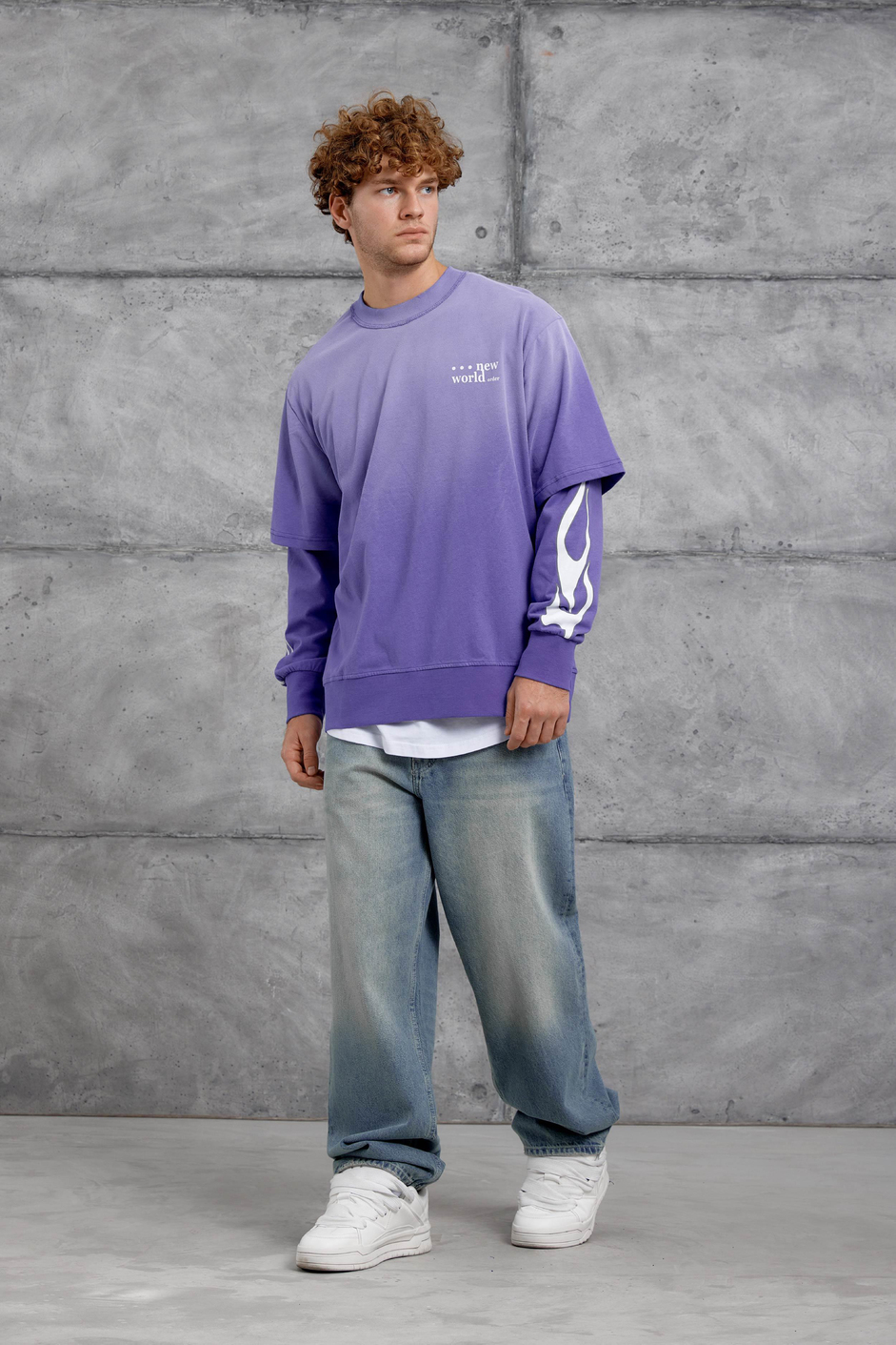 Mor KOLU ALEV BASKILI OVERSİZE SWEATSHIRT