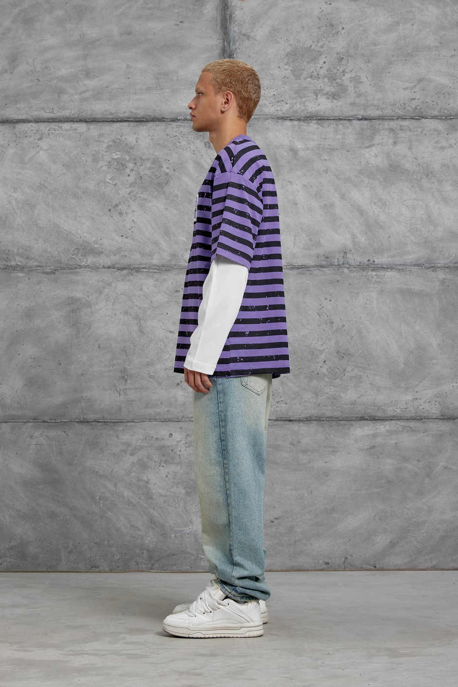 Mor TAINED BASKILI KOLU PARCALI OVERSİZE SWEATSHIRT