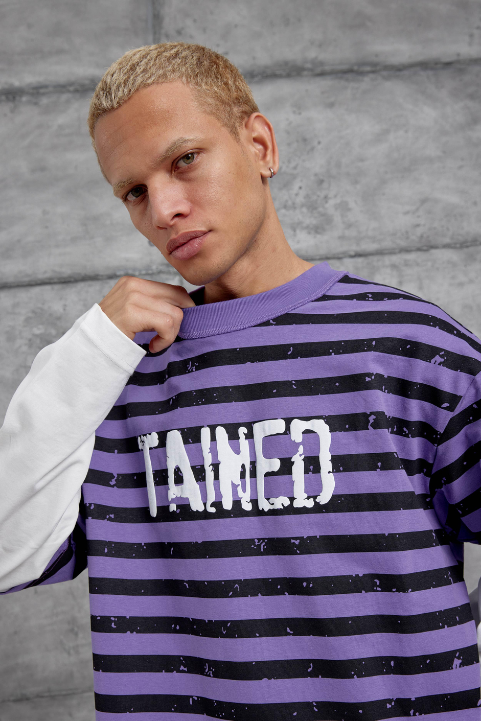 Mor TAINED BASKILI KOLU PARCALI OVERSİZE SWEATSHIRT