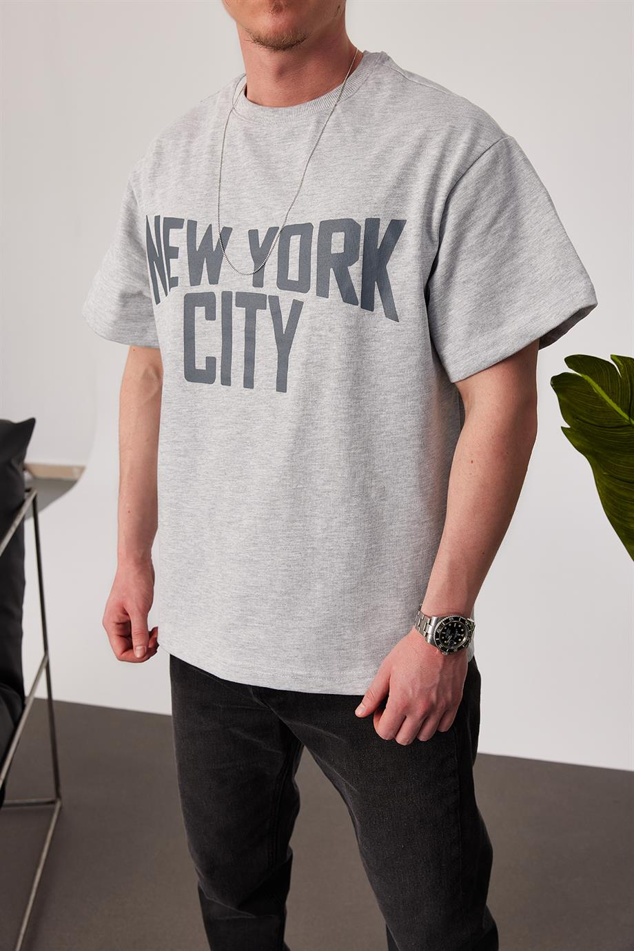 New York City Baskılı Gri Tshirt