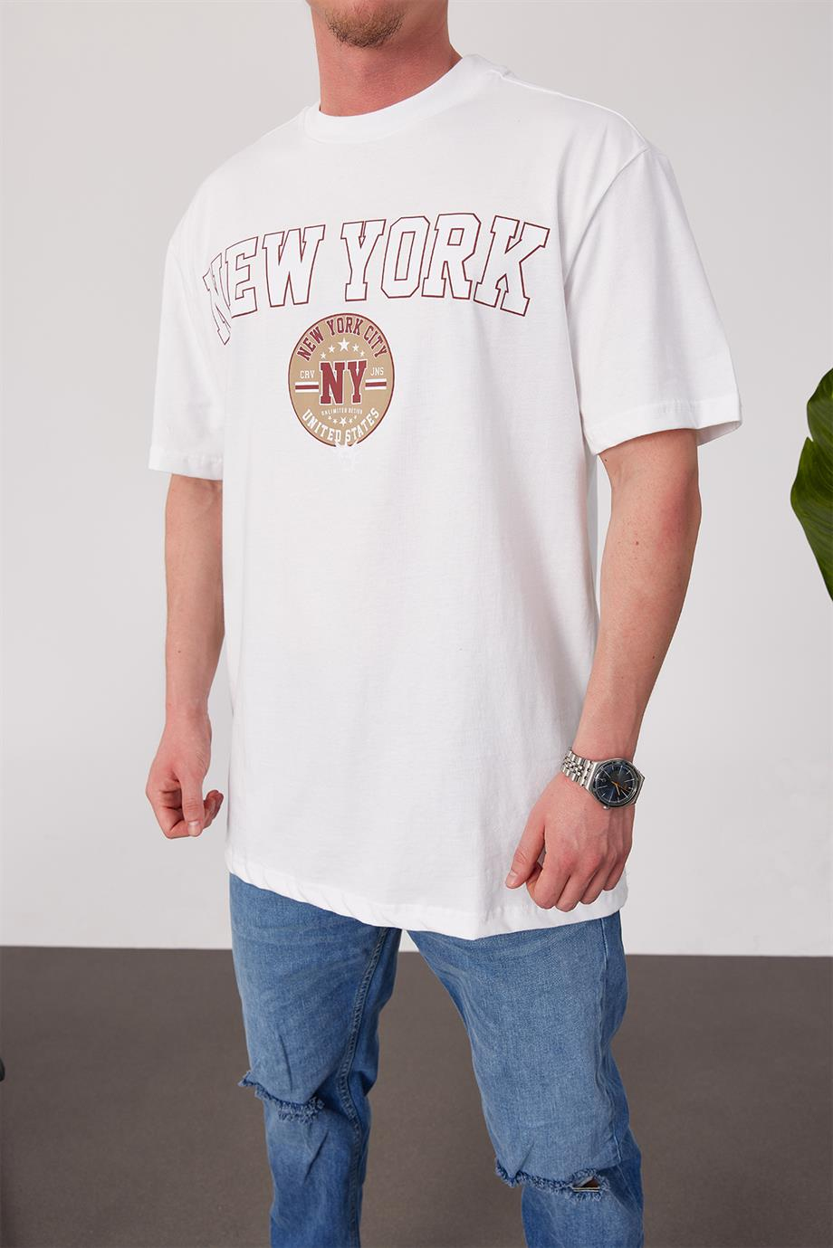 New York City Yıkamalı Beyaz Tshirt