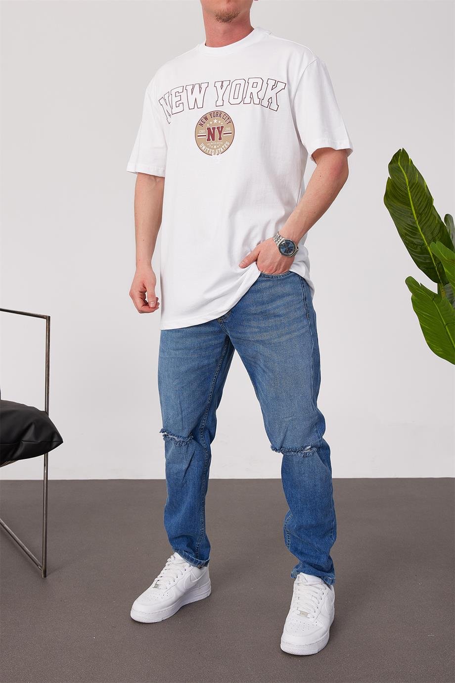 New York City Yıkamalı Beyaz Tshirt