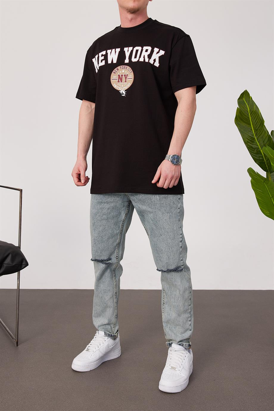 New York City Yıkamalı Siyah Tshirt