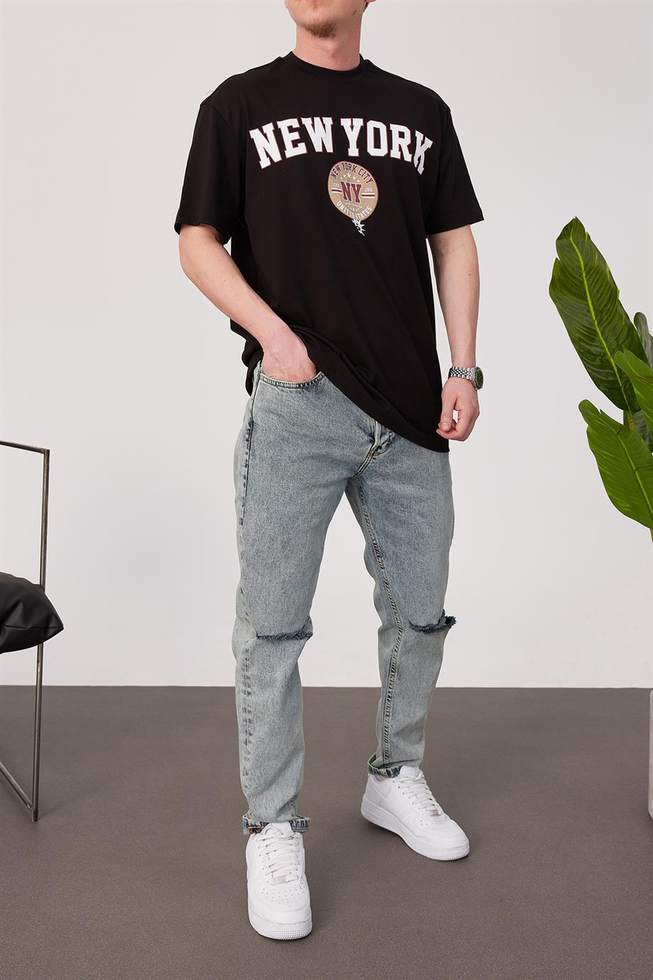 New York City Yıkamalı Siyah Tshirt