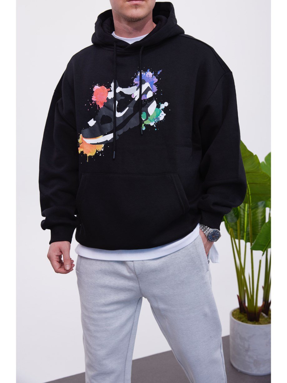 Nomarc Ayakkabı Desenli Kapüşonlu Siyah Sweatshirt