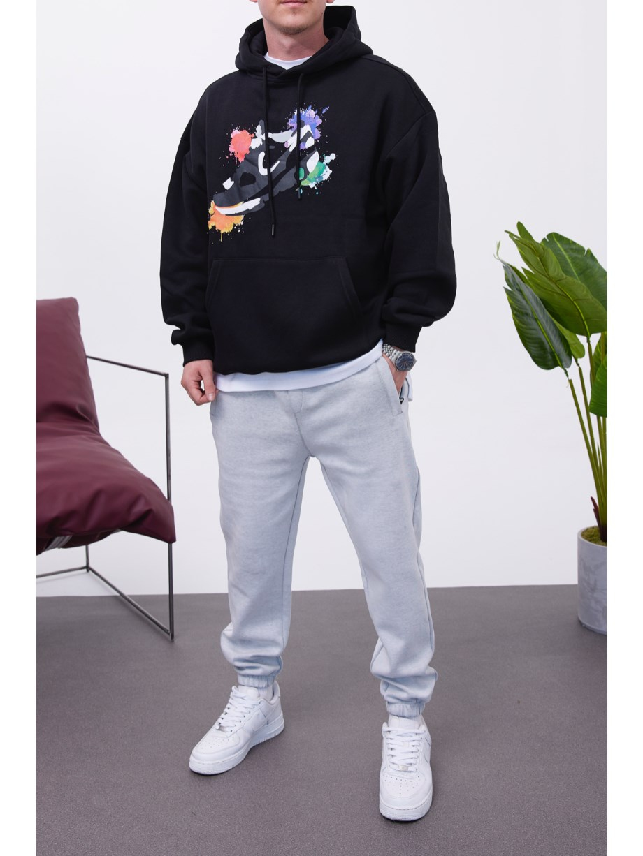 Nomarc Ayakkabı Desenli Kapüşonlu Siyah Sweatshirt