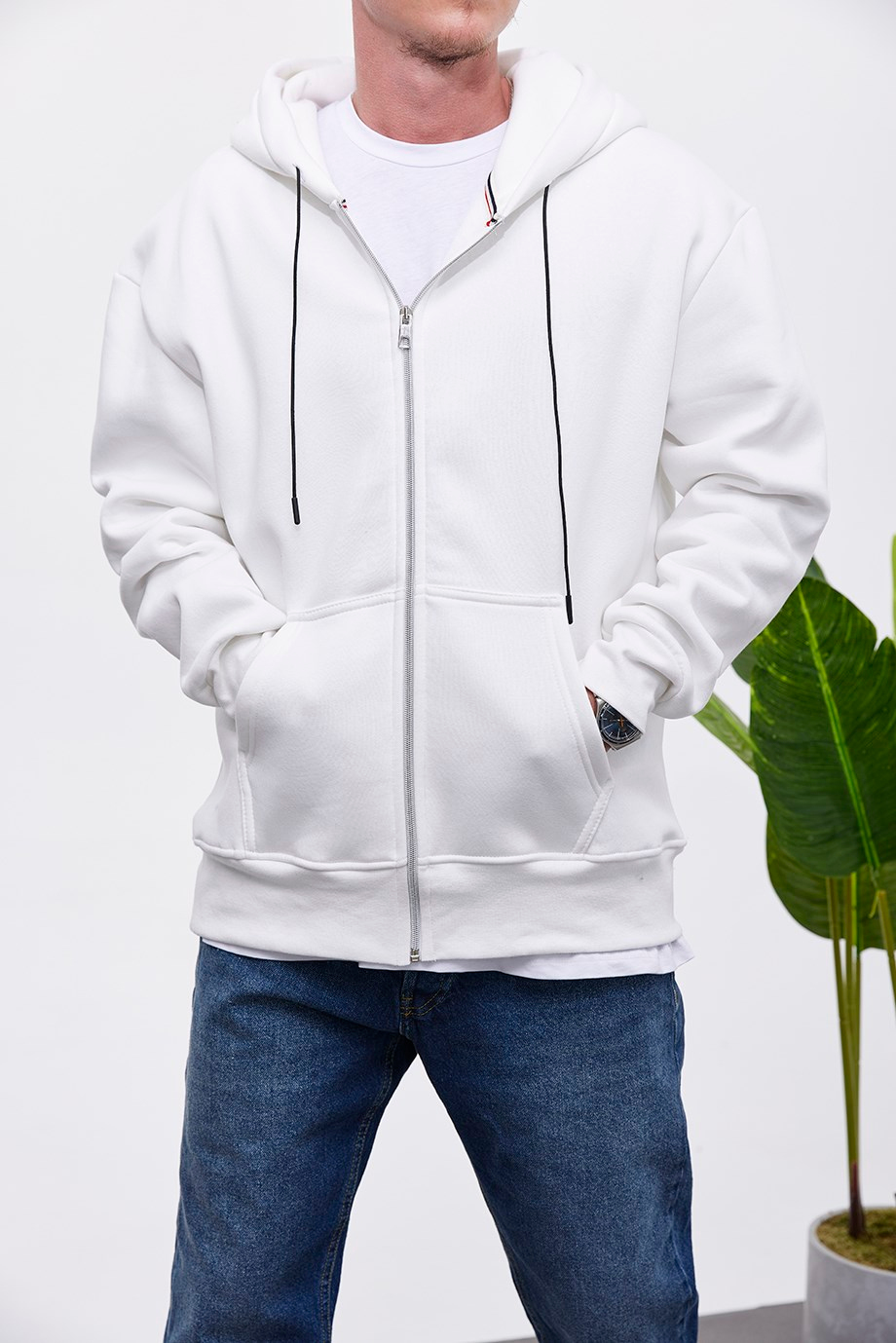 Nomarc Fermuarlı Kapüşonlu Beyaz Sweatshirt