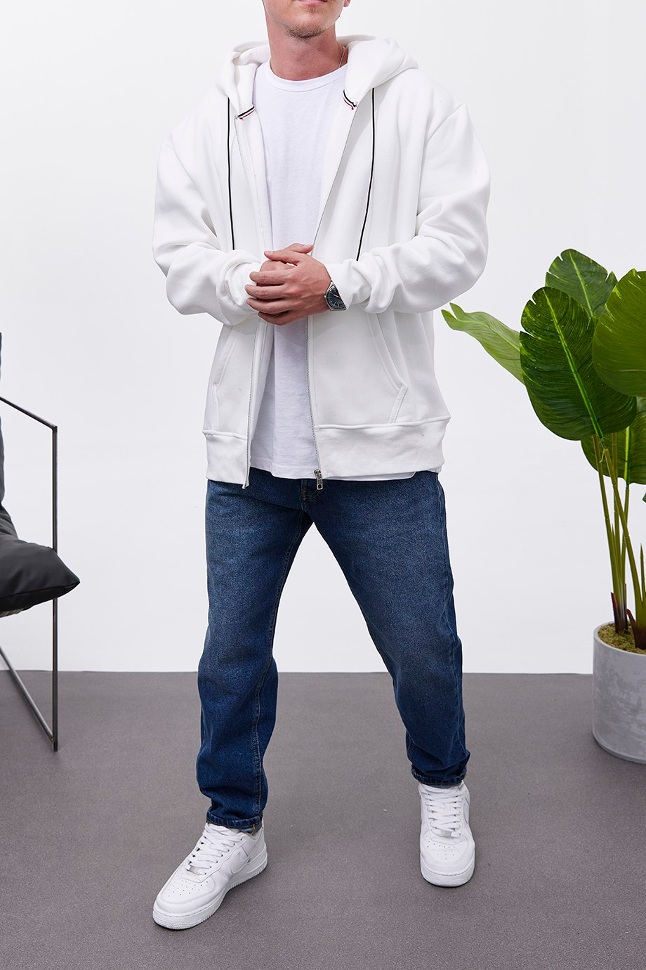Nomarc Fermuarlı Kapüşonlu Beyaz Sweatshirt