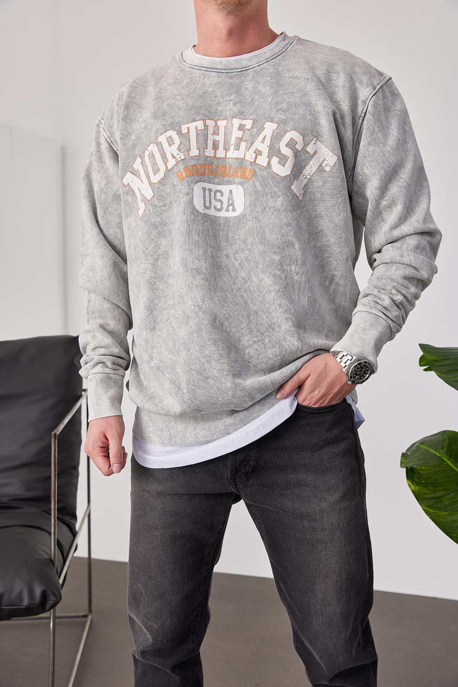 Northeast Yıkamalı Gri Sweatshirt