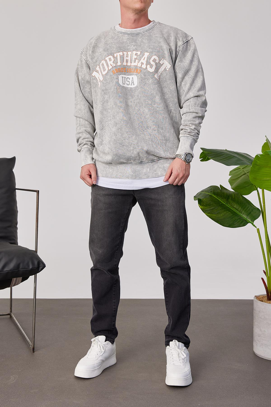 Northeast Yıkamalı Gri Sweatshirt
