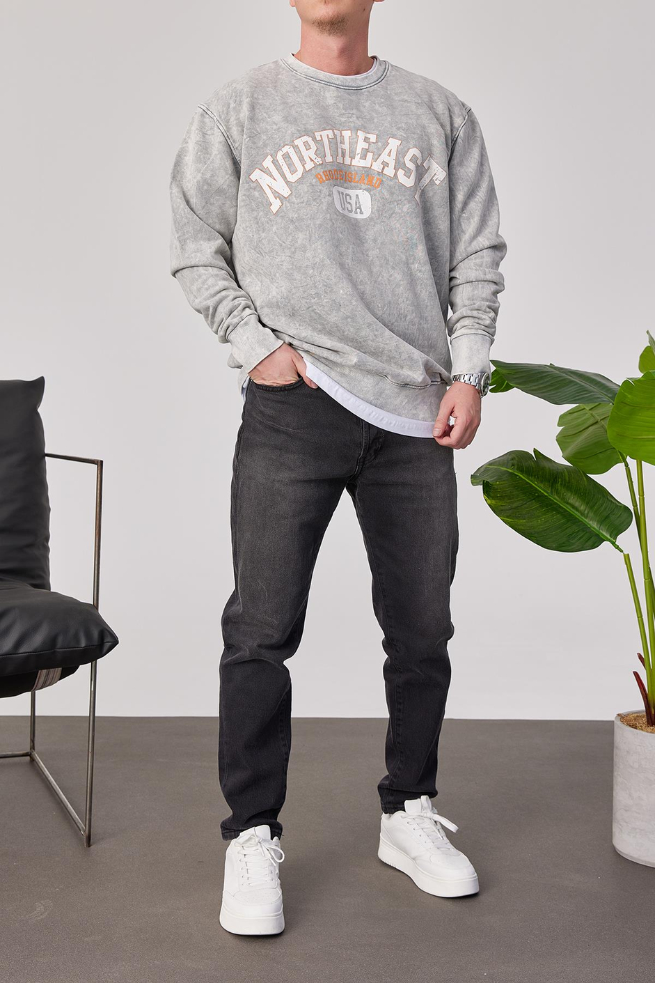 Northeast Yıkamalı Gri Sweatshirt