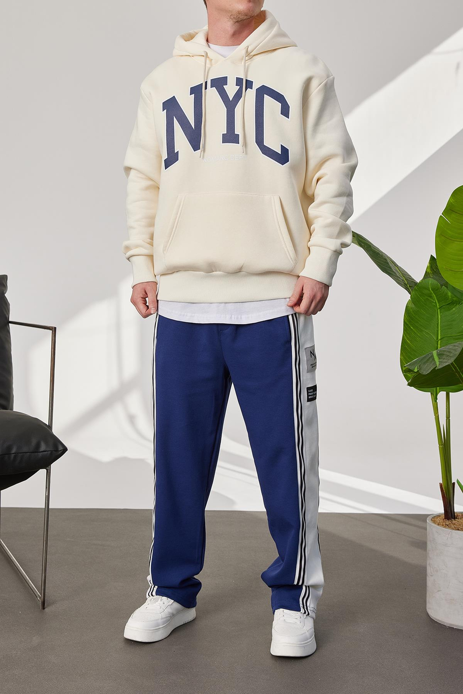 NYC Baskılı Krem Kapüşonlu Sweatshirt