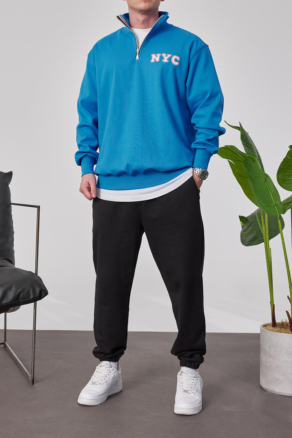 NYC Yakası Fermuarlı Mavi Sweatshirt