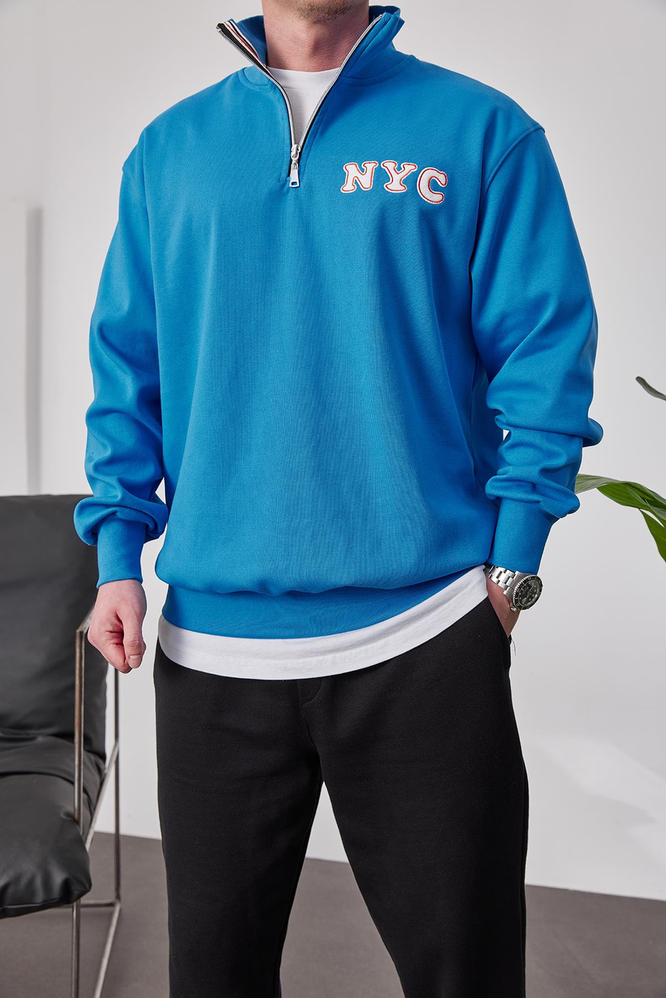 NYC Yakası Fermuarlı Mavi Sweatshirt
