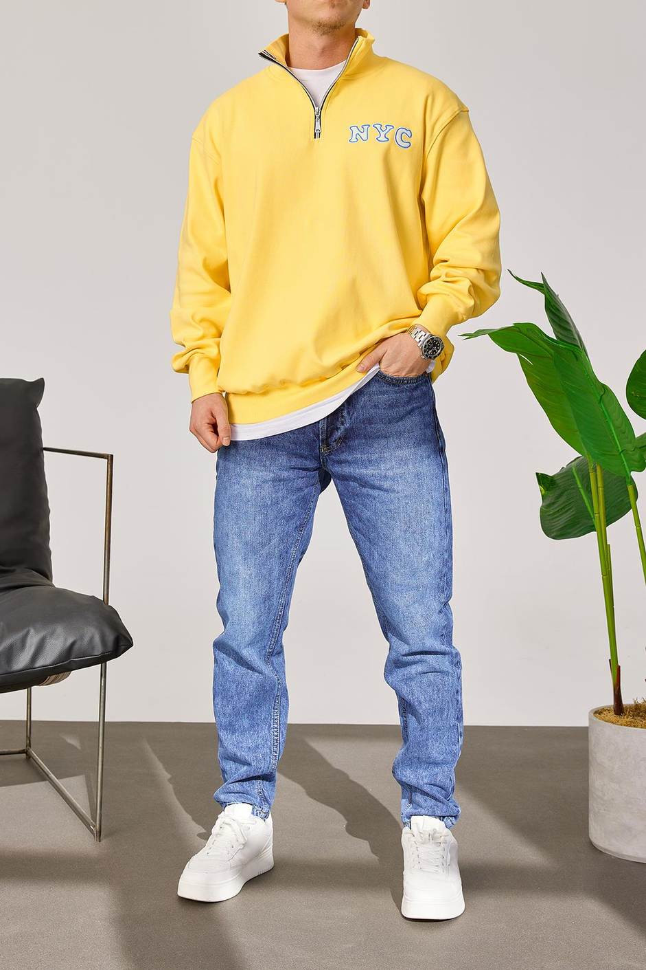 NYC Yakası Fermuarlı Sarı Sweatshirt
