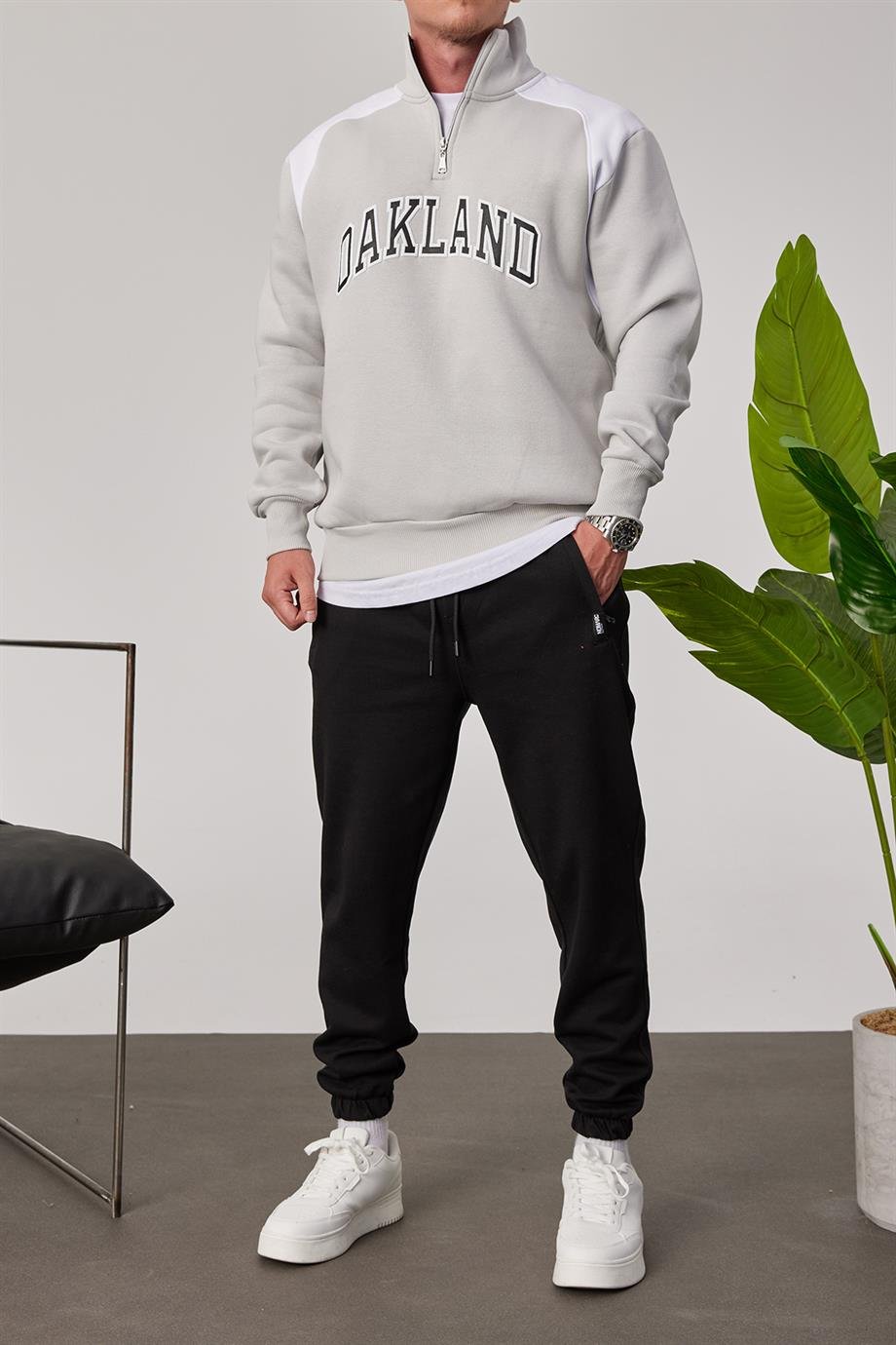 Oakland Yakası Fermuarlı Gri Sweatshirt