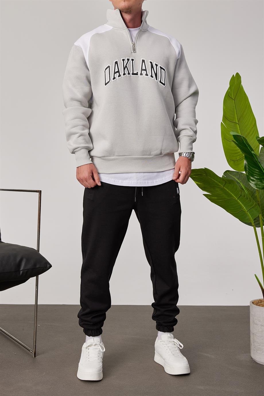 Oakland Yakası Fermuarlı Gri Sweatshirt