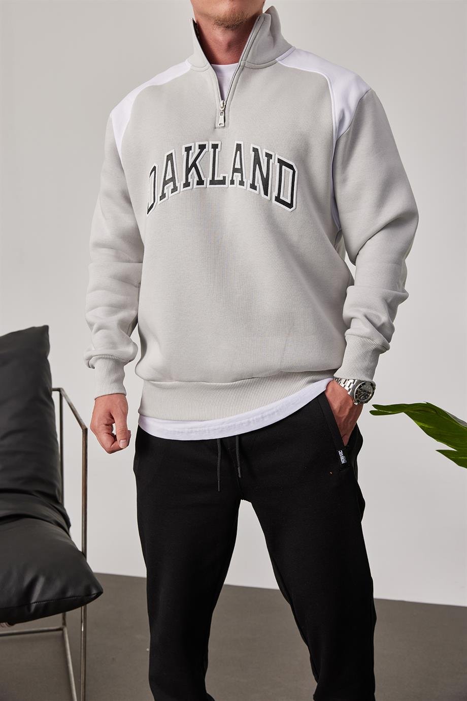 Oakland Yakası Fermuarlı Gri Sweatshirt