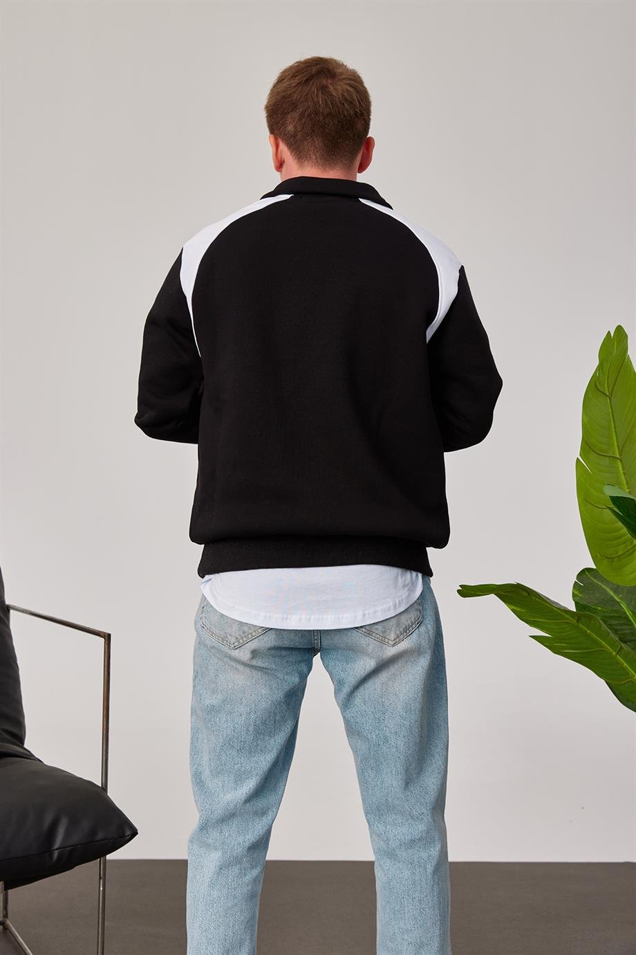 Oakland Yakası Fermuarlı Siyah Sweatshirt