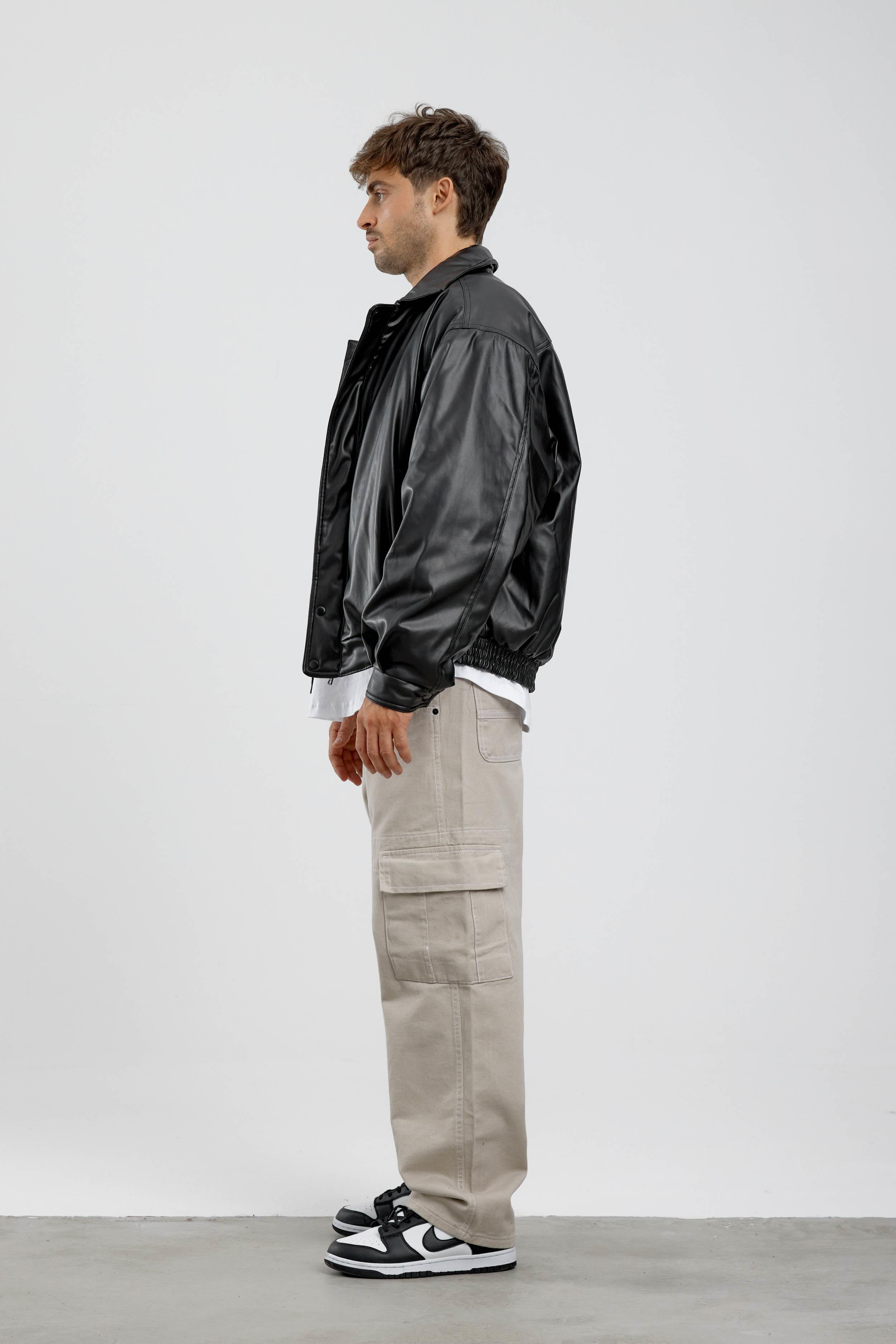 Oversize Şişme Suni Deri Siyah Bomber Mont