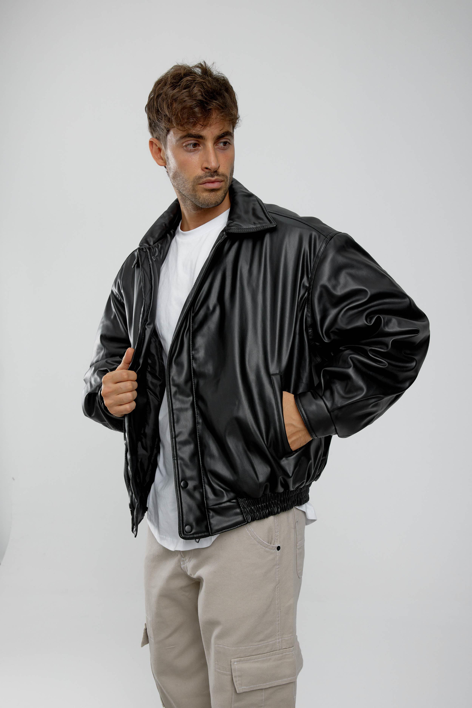 Oversize Şişme Suni Deri Siyah Bomber Mont
